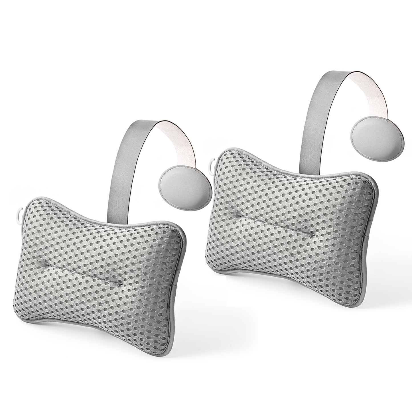 Two grey large pillows designed for hot tub use, featuring a solid pattern and attached straps for securing in place.