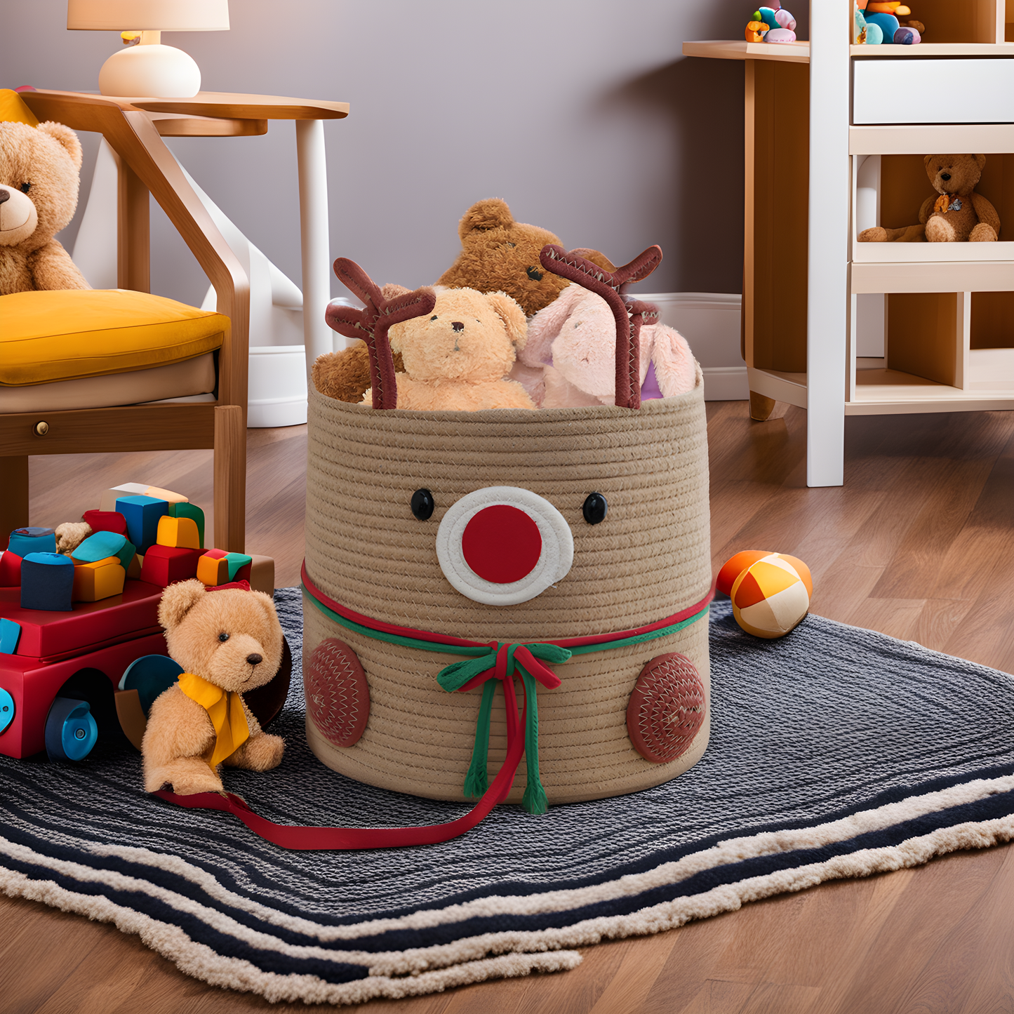 Deer Shaped Toy storage basket with teddy bears and toys in a child's room