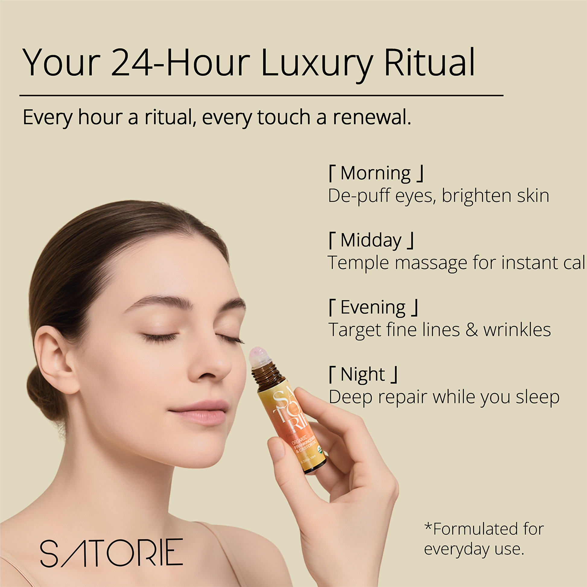 Woman applying skincare product (Frankincense & Castor oil) with text about a 24-hour luxury skin care routine on a beige background.