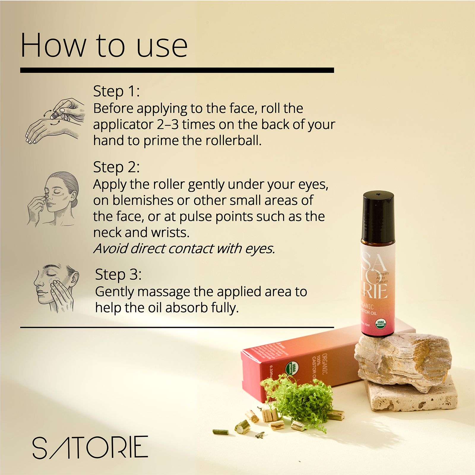 Instructions on how to use a rollerball product with Satorie branding.