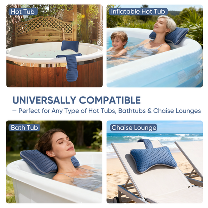 Hot tub, inflatable hot tub, bathtub, and chaise lounge with a blue neck pillow.
