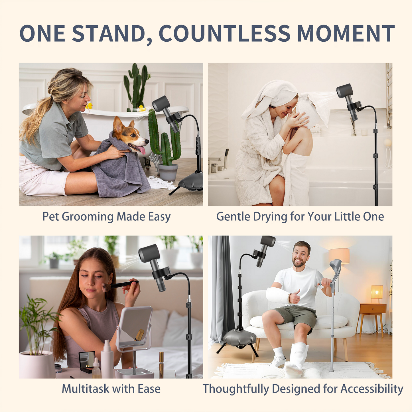 Multifunctional hair dryer stand used for pet grooming, drying, multitasking, and accessibility in various settings.