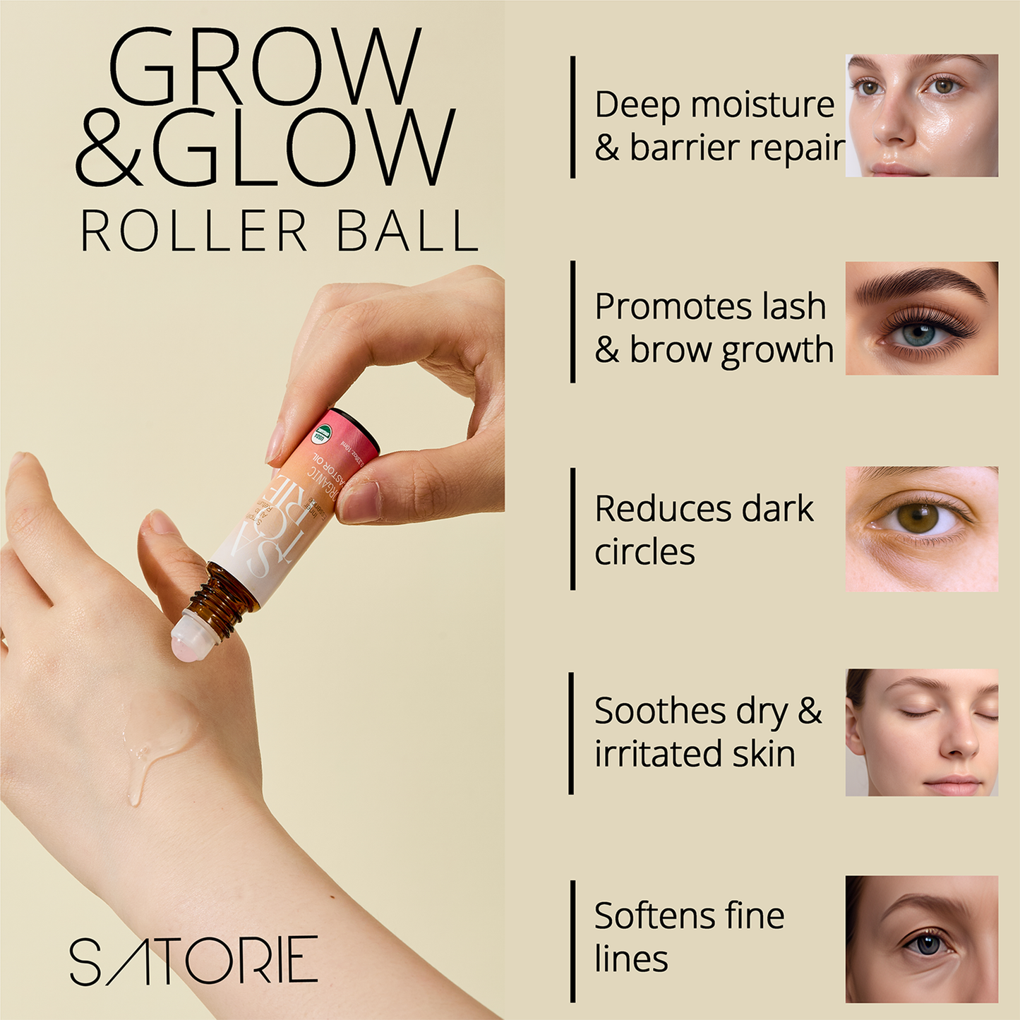 Sаtorie Grow & Glow Roller Ball with benefits listed on a beige background