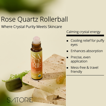 Essential Oil with Rose Quartz Rollerball by Satorie with product and benefits listed on a light background