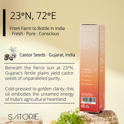 Satorio castor oil packaging with text about origin and philosophy on a beige background