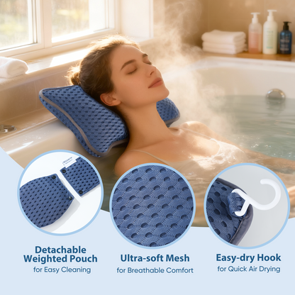 Woman relaxing in a bath with a blue neck pillow, surrounded by bath products.