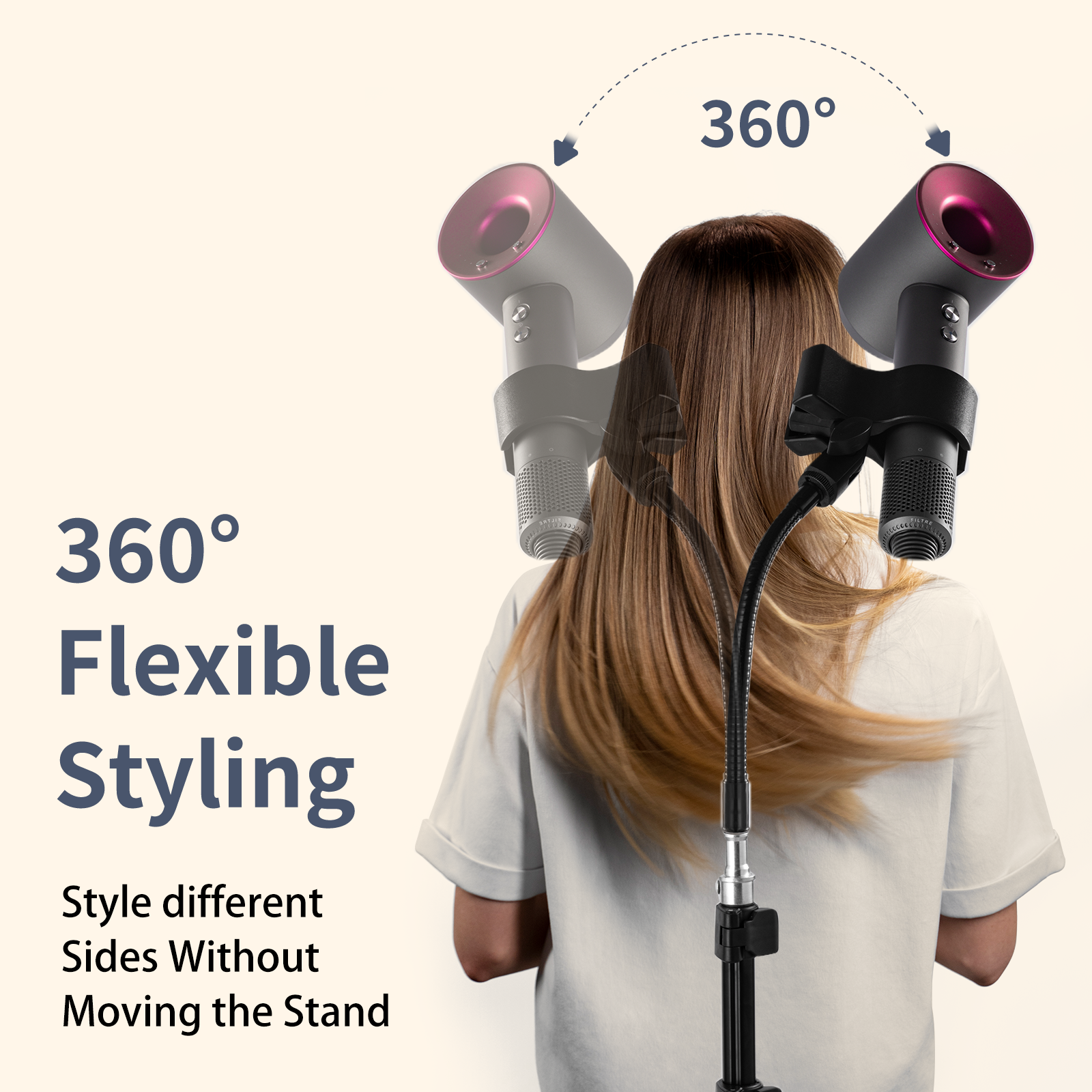 Person using a hair dryer stand with 360-degree flexibility