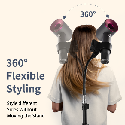 Person using a hair dryer stand with 360-degree flexibility