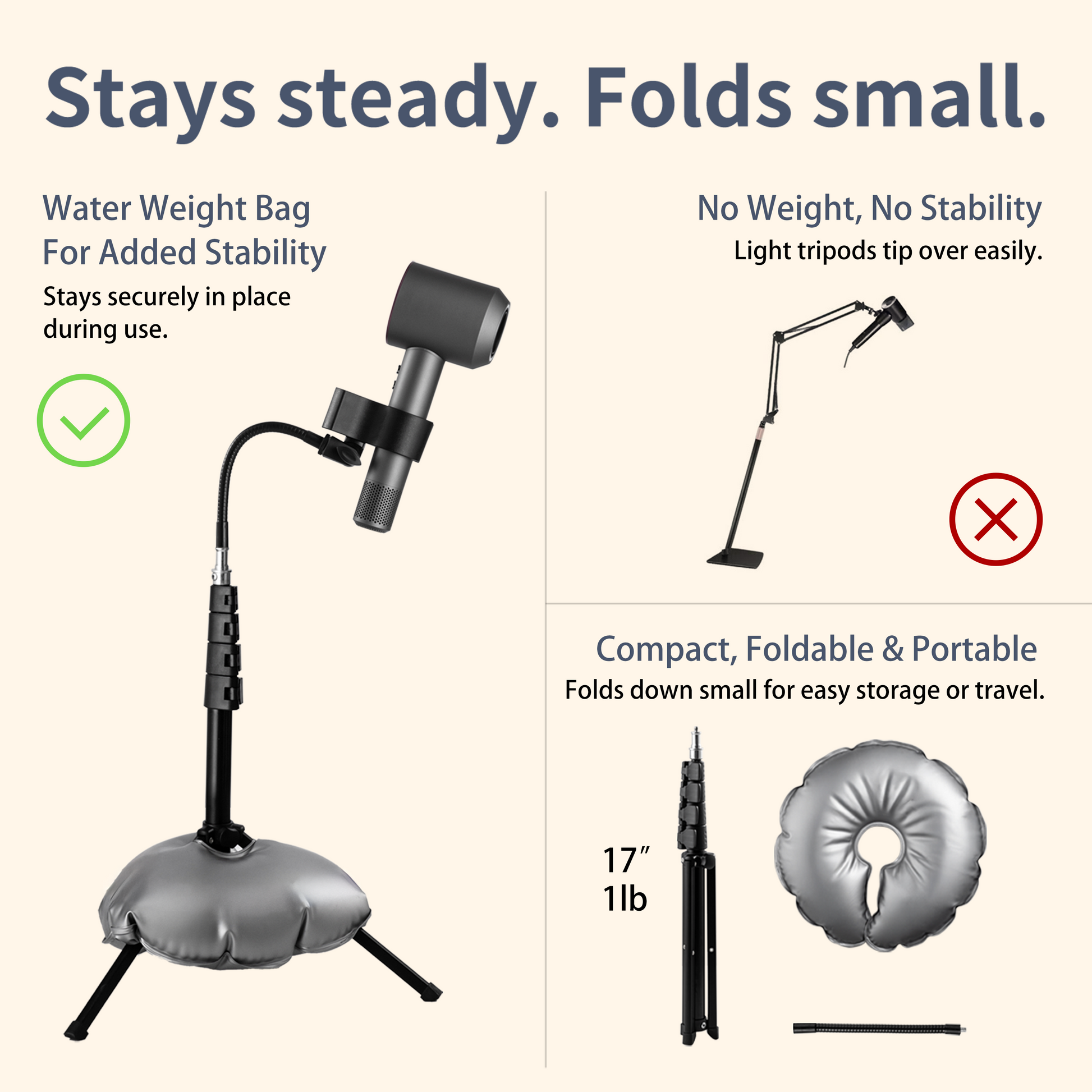 Comparison of a stable hair dryer stand with a water weight bag and an unstable blow dryer stand without a weight bag, highlighting stability and portability.