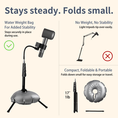 Comparison of a stable hair dryer stand with a water weight bag and an unstable blow dryer stand without a weight bag, highlighting stability and portability.