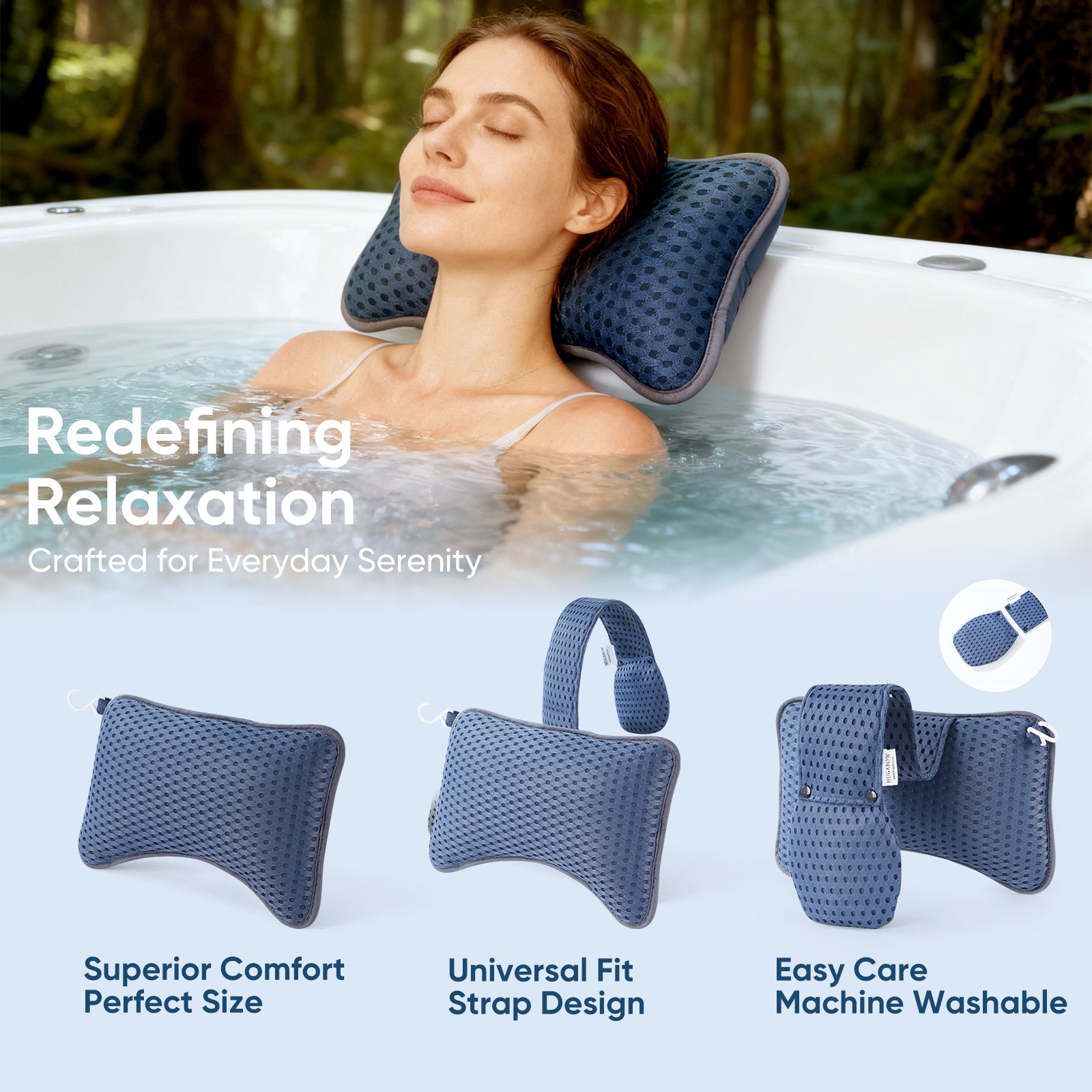 Woman relaxing in a hot tub with a blue neck pillow, surrounded by images of the pillow with text highlighting its features.