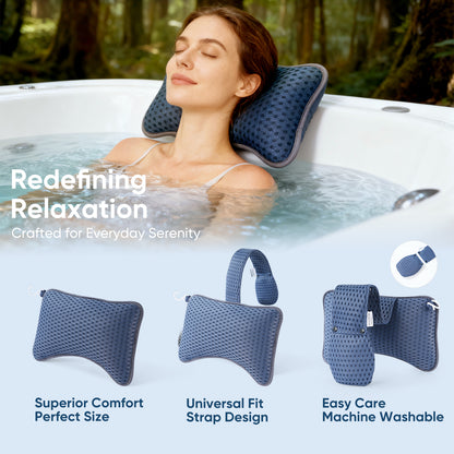 Woman relaxing in a hot tub with a blue neck pillow, surrounded by images of the pillow with text highlighting its features.