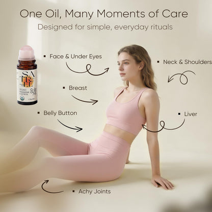 Woman in pink outfit sitting on a beige background with a bottle of frankincense and castor oil and text about its uses.