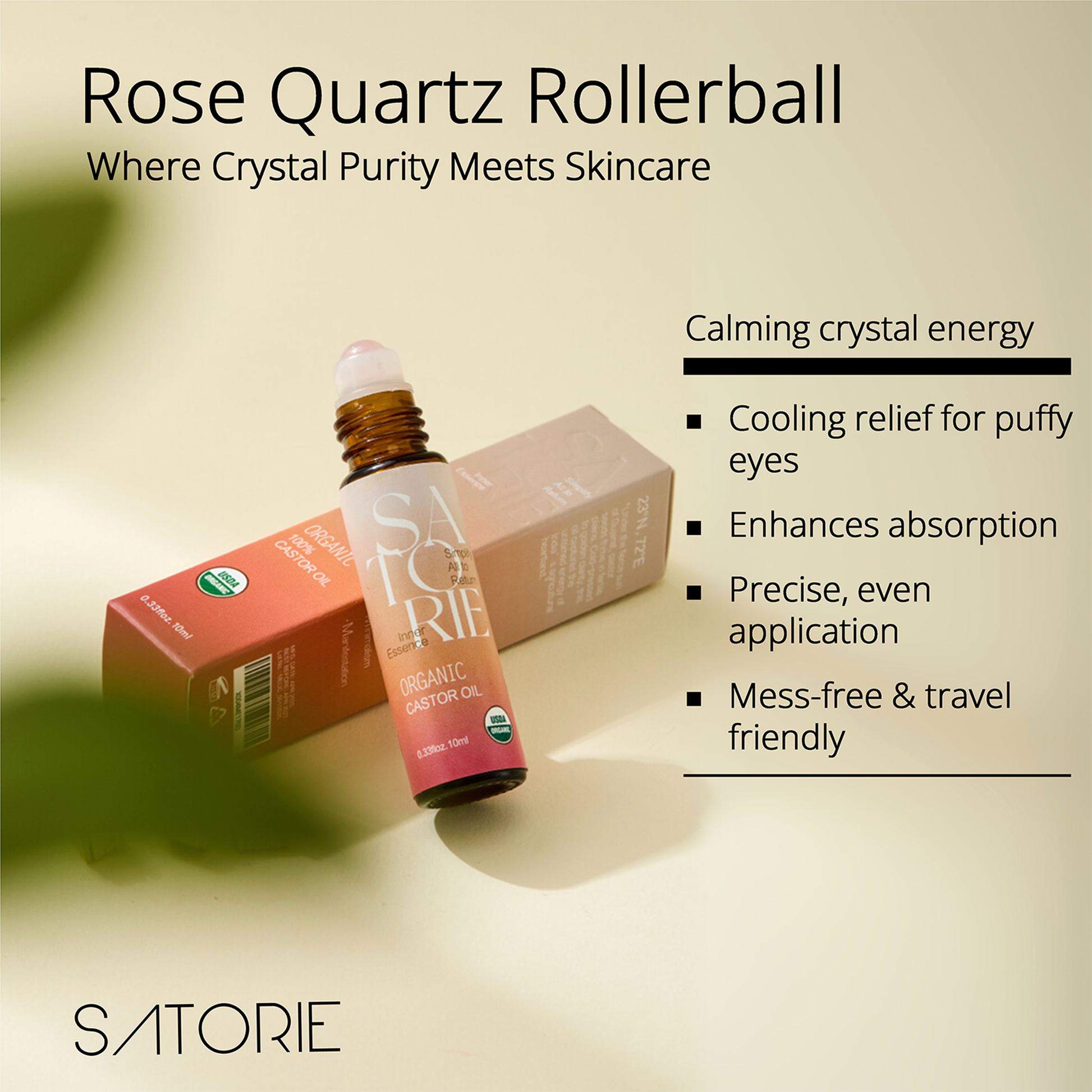 Rose Quartz Rollerball with Satorie packaging on a light background