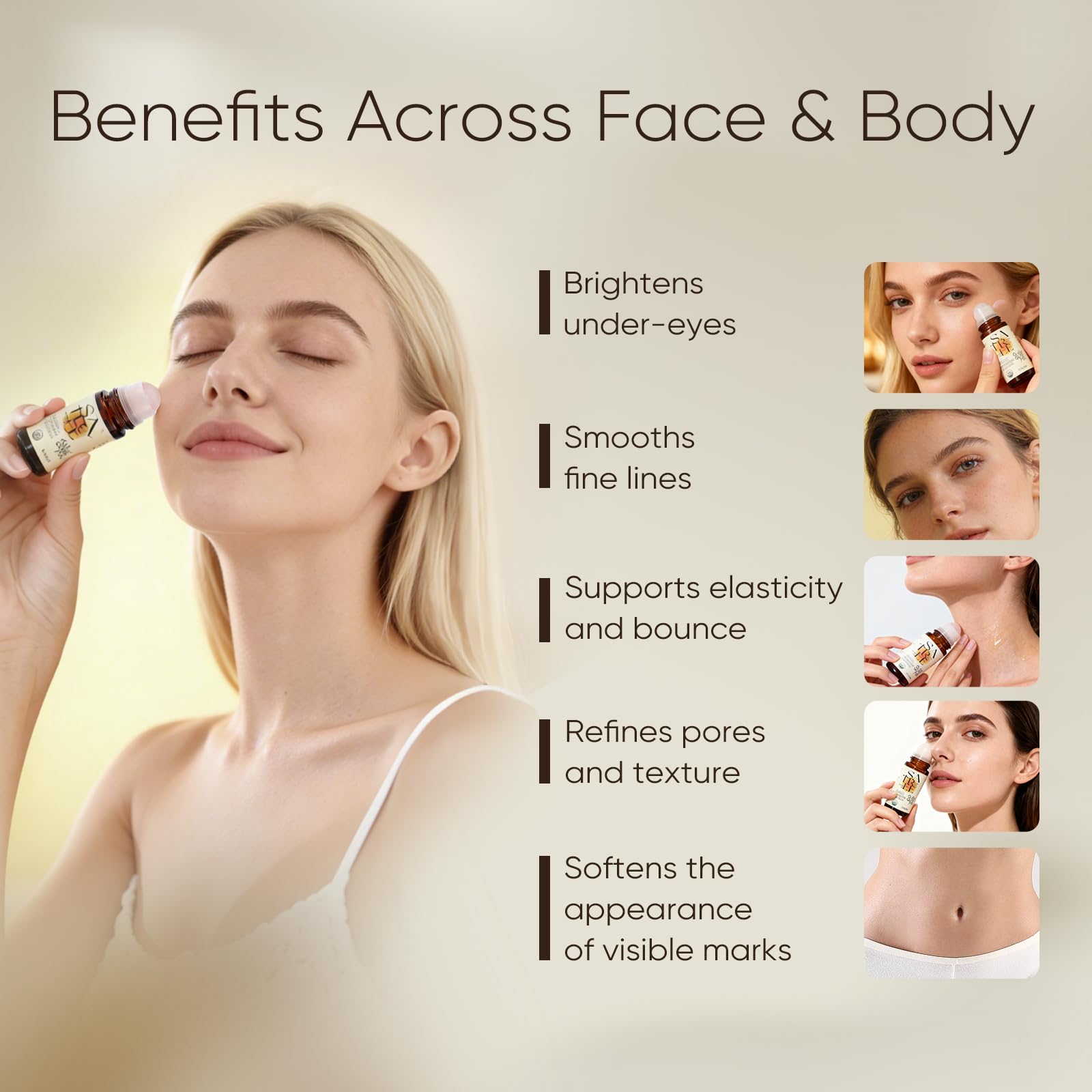 Woman applying frankincense and castor oil with text listing benefits 