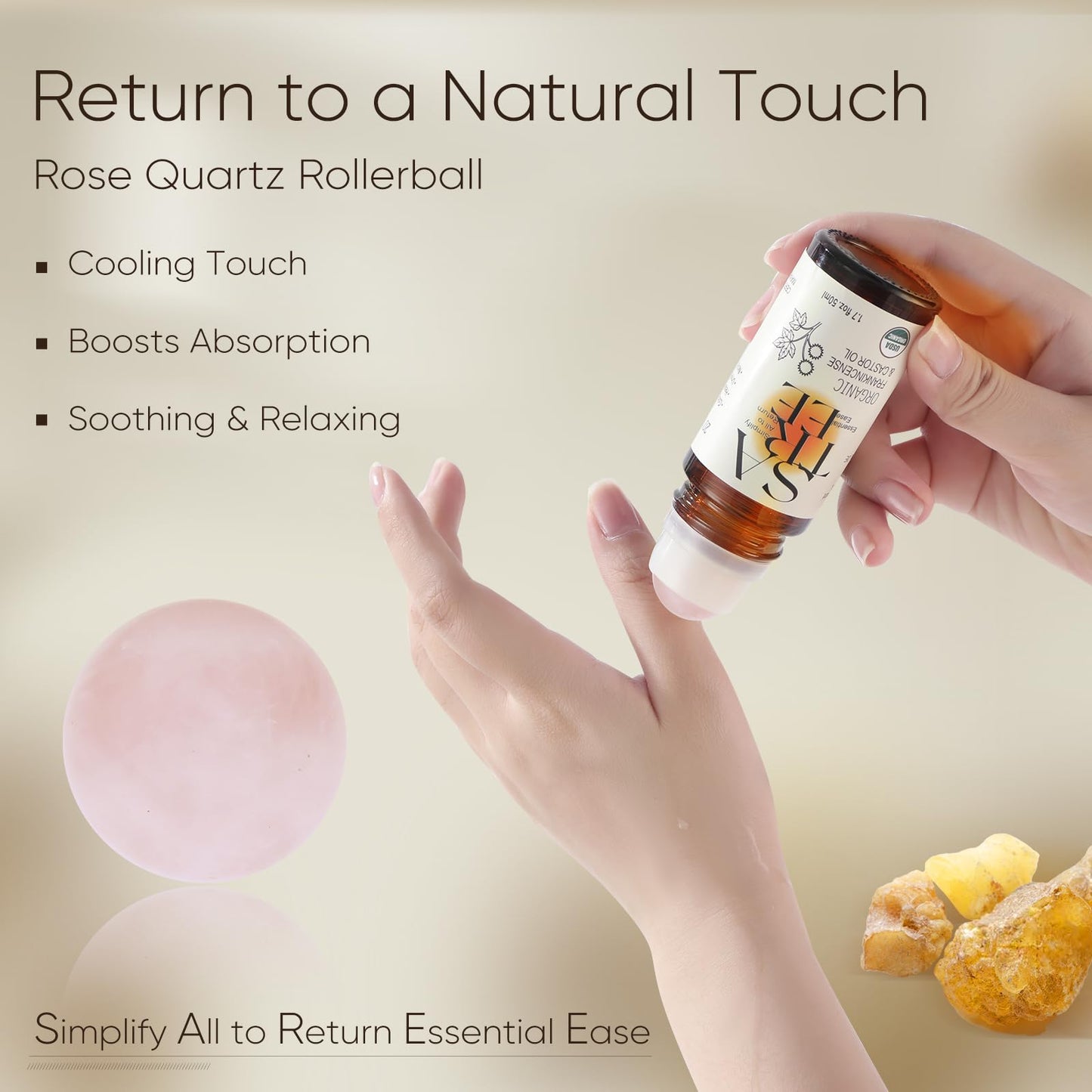 Rose Quartz Rollerball being held above a hand with text about its benefits on a beige background.