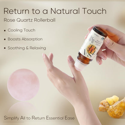 Rose Quartz Rollerball being held above a hand with text about its benefits on a beige background.