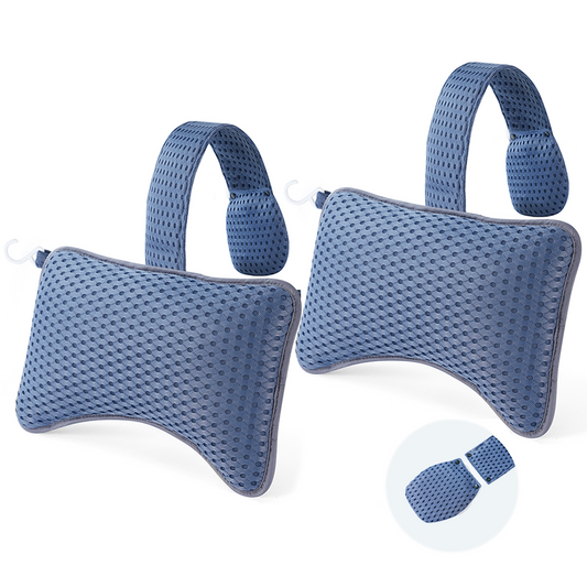 Two blue mesh hot tub pillows with straps
