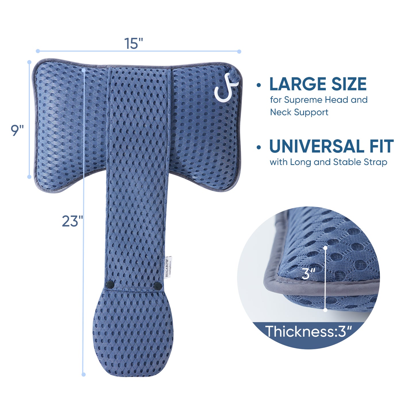 Blue head and neck support hot tub pillow with measurements and features on a white background