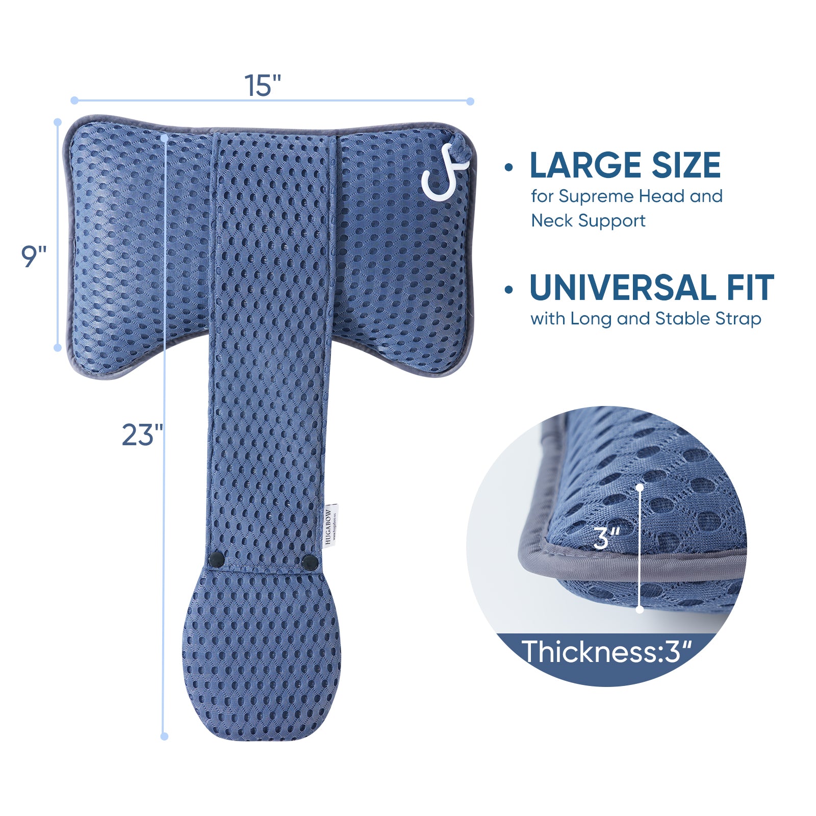 Blue head and neck support hot tub pillow with measurements and features on a white background