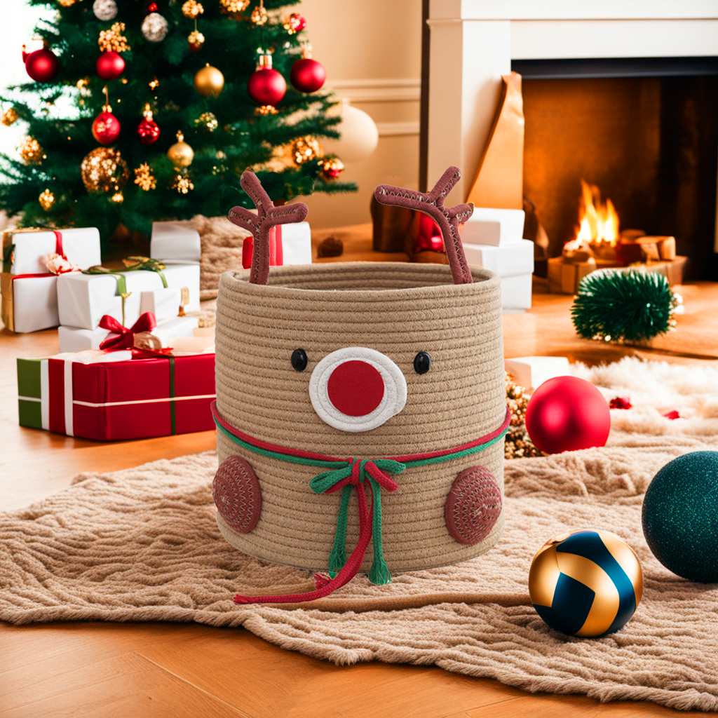 Decorative reindeer-shaped basket in a festive setting with Christmas tree and presents.