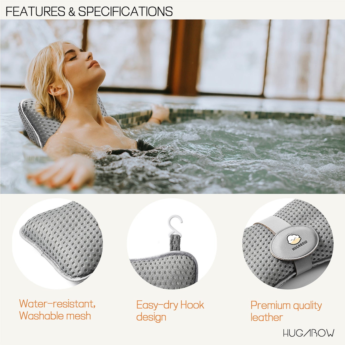 Woman relaxing in a hot tub with a HUGABOW hot tub pillow, featuring water-resistant mesh, easy-dry hook, and premium leather.