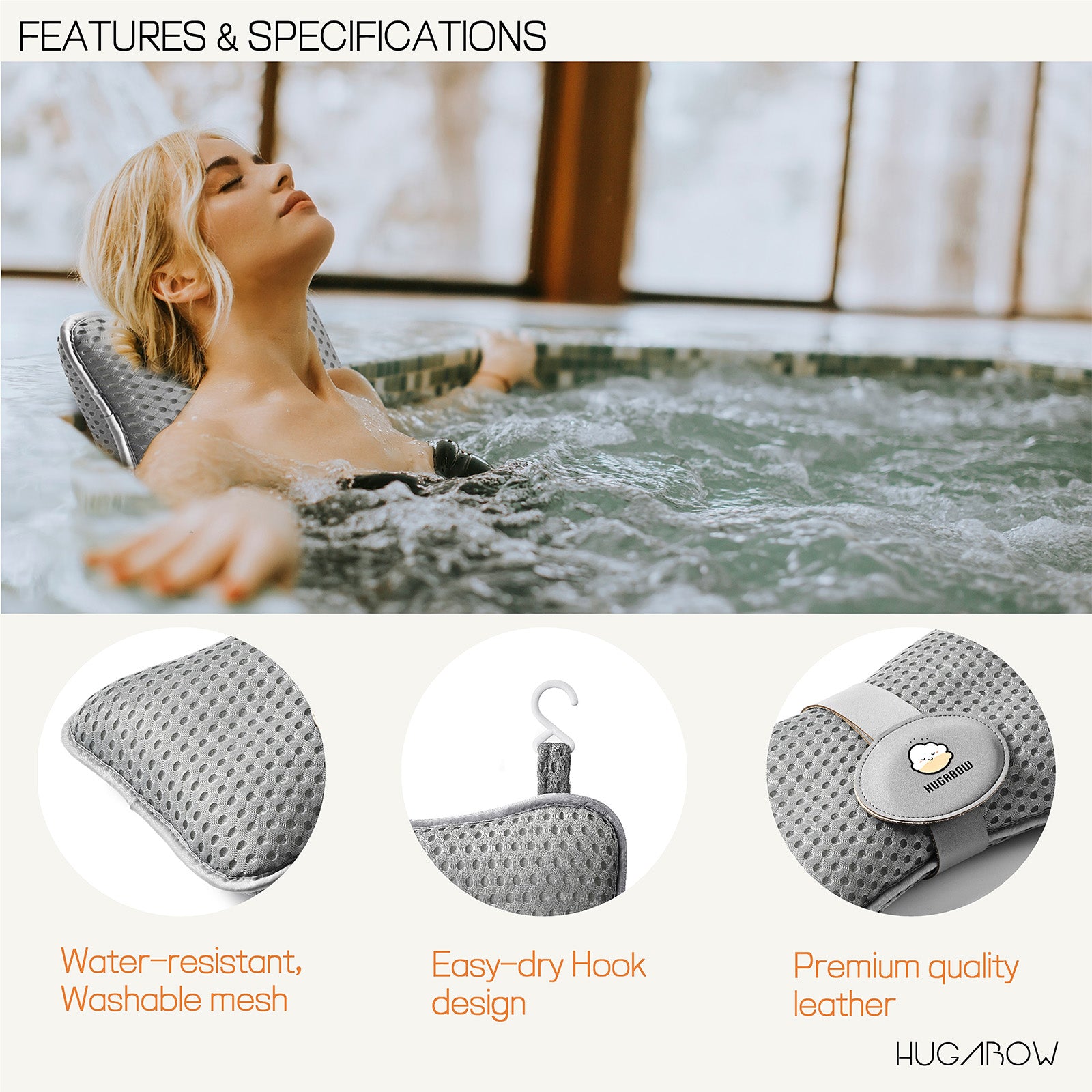 Woman relaxing in a hot tub with a HUGABOW hot tub pillow, featuring water-resistant mesh, easy-dry hook, and premium leather.
