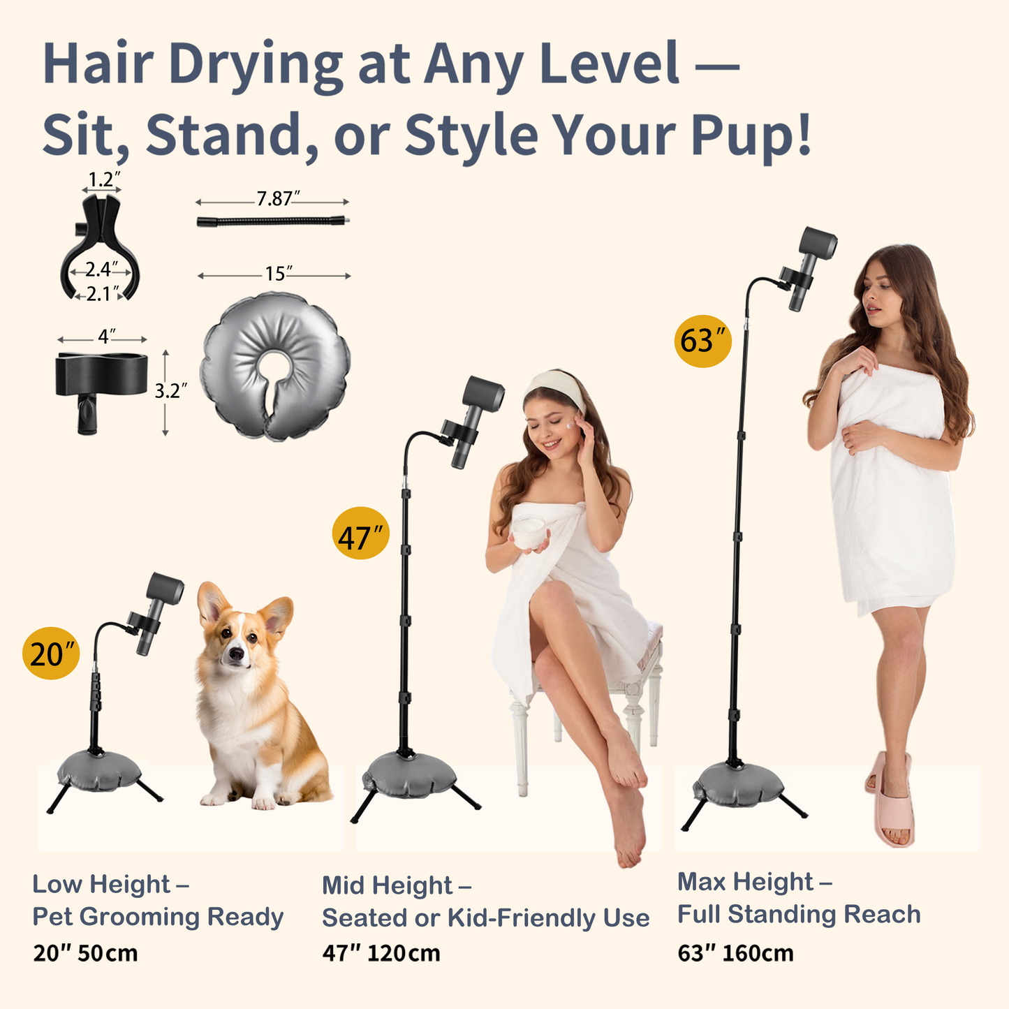 hair dyer stand with various height options