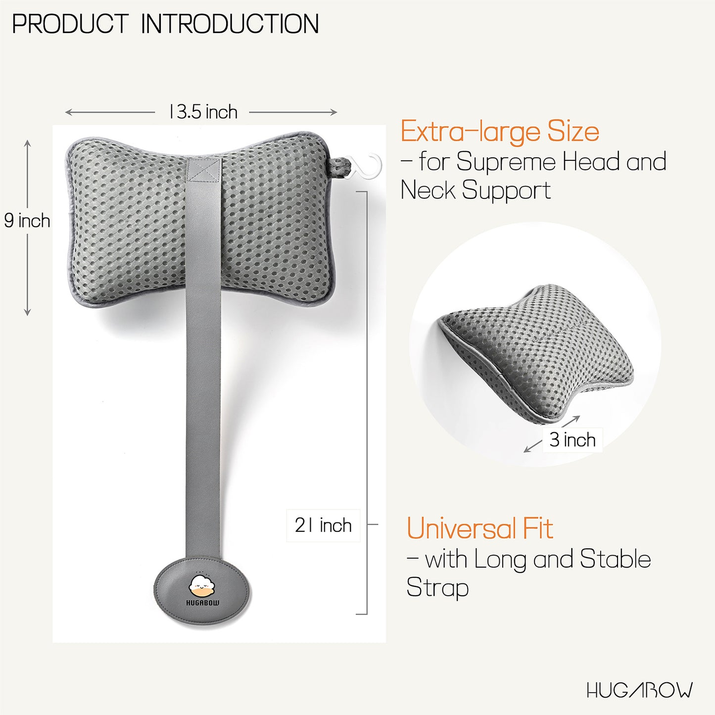 Gray head and neck support pillow with measurements and features on a white background