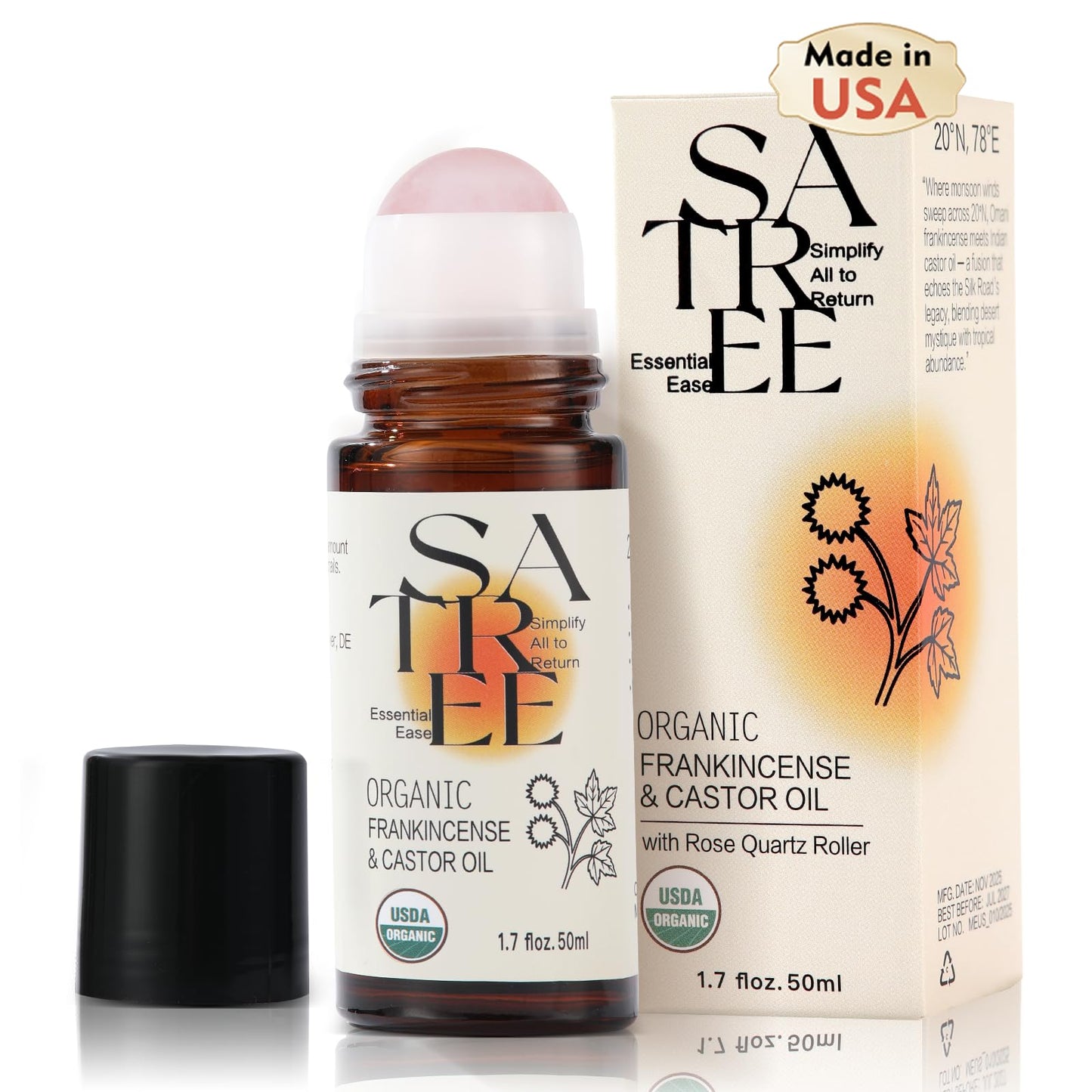 Organic Castor & Frankincense Oil with Rose Quartz Rollerball (1.7 fl oz)