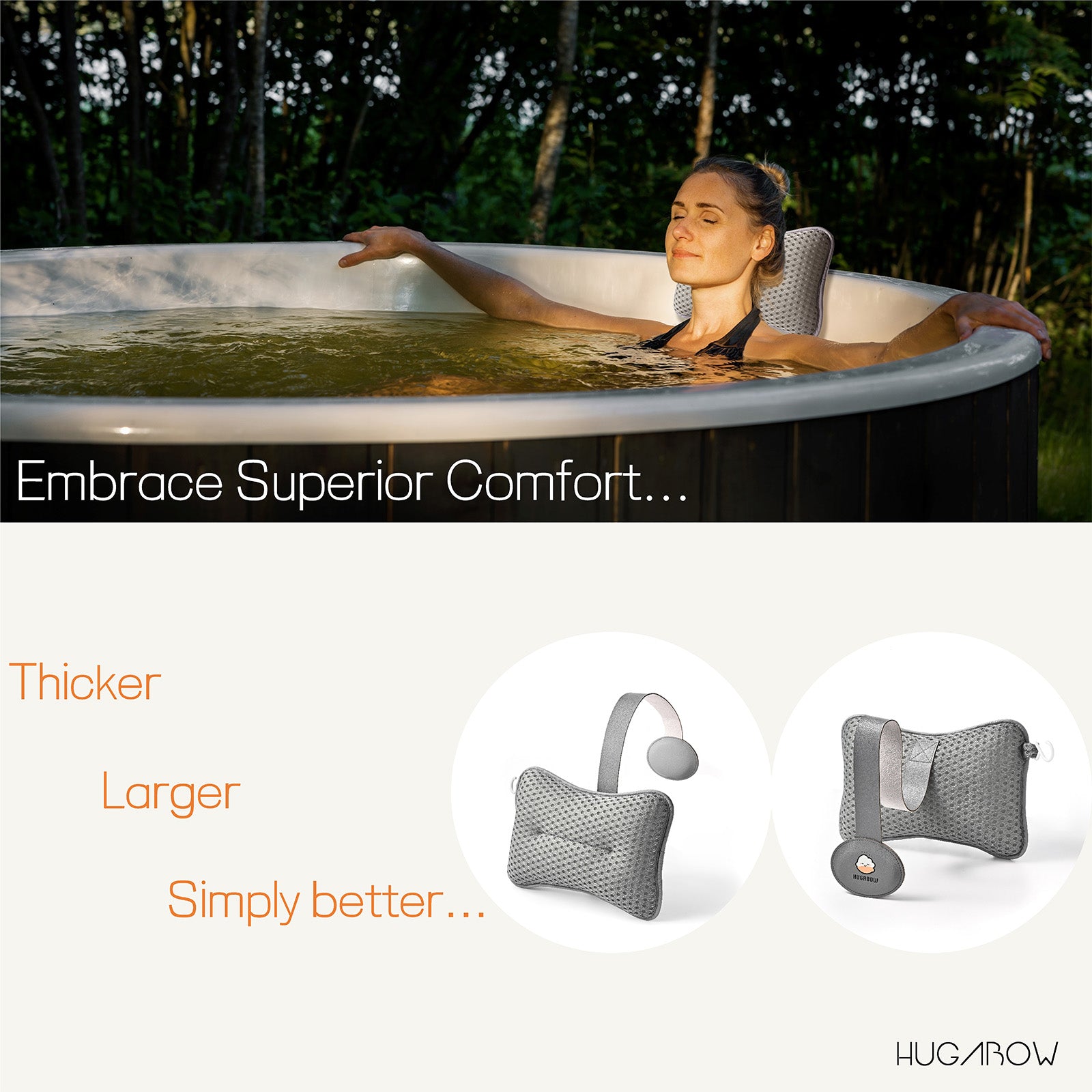 Woman relaxing in a hot tub with a Hugarow product, surrounded by nature.