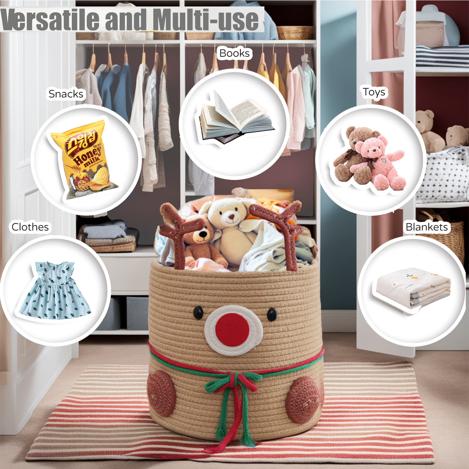 Children's toy storage basket with reindeer design in a room setting, surrounded by various items.