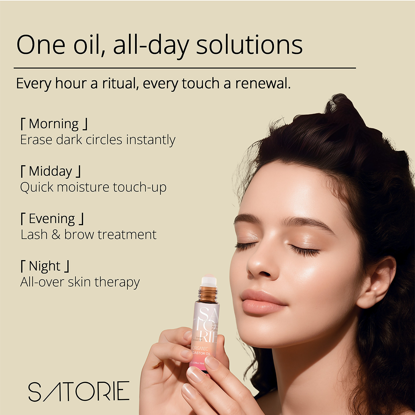 Woman holding a skincare product with text about daily routines on a beige background, featuring the brand 'Satorie'.
