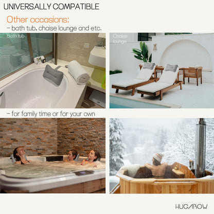 Collage of various relaxation scenes including a bathtub, chaise lounge, and hot tub with people enjoying themselves.