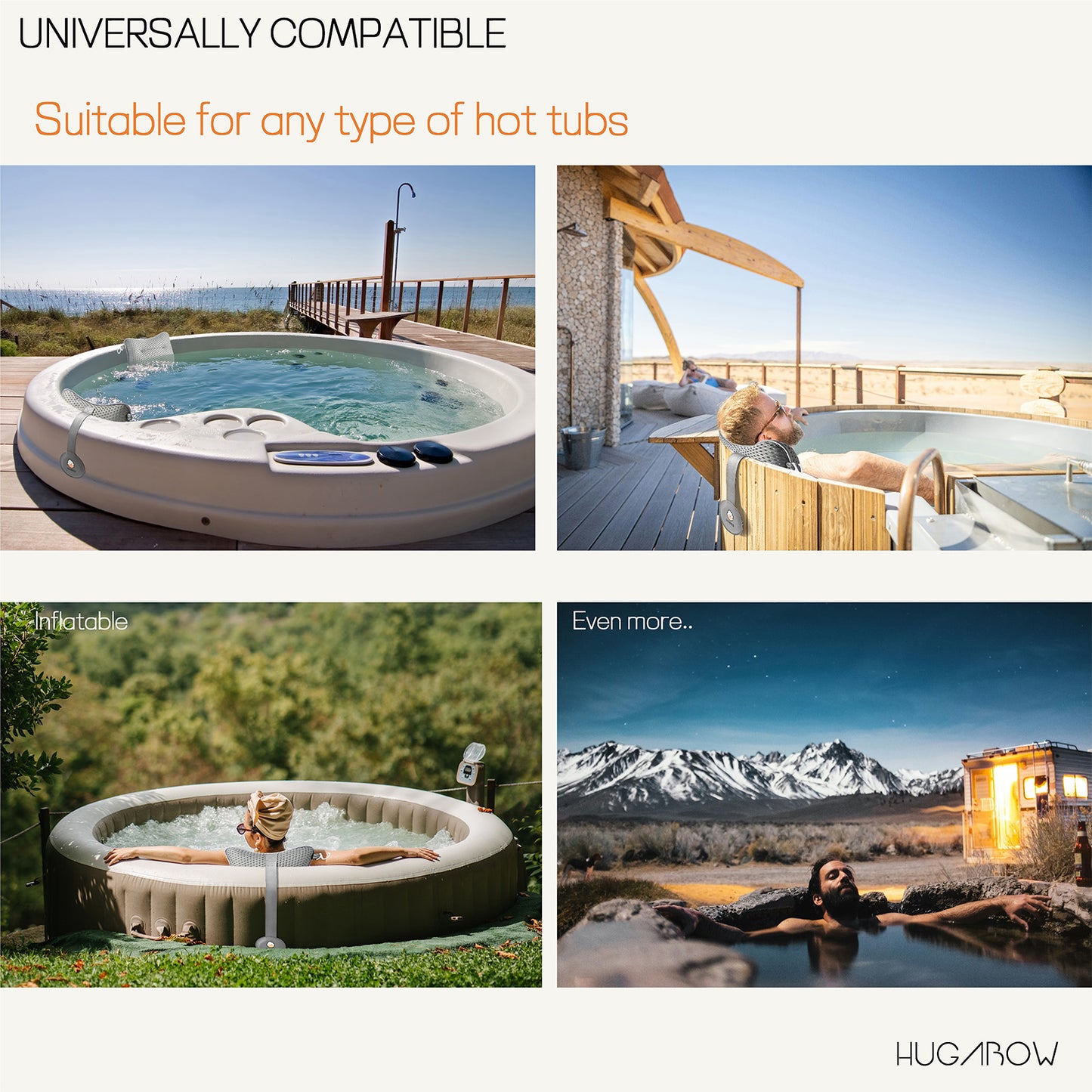 Hot tub pillows in various types of hot tubs with text indicating compatibility and Hugarow branding.