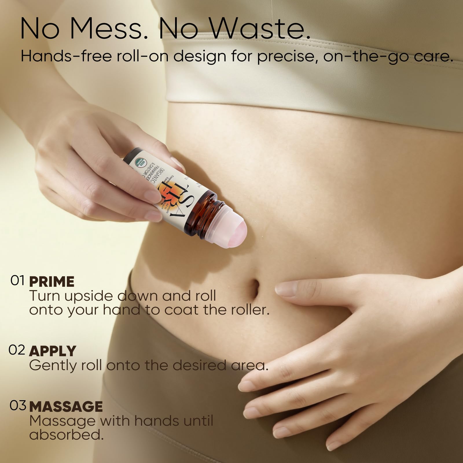 Person applying Satree castor and frankincense roll-on product to their stomach with text about its hands-free design and usage instructions.
