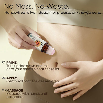 Person applying Satree castor and frankincense roll-on product to their stomach with text about its hands-free design and usage instructions.