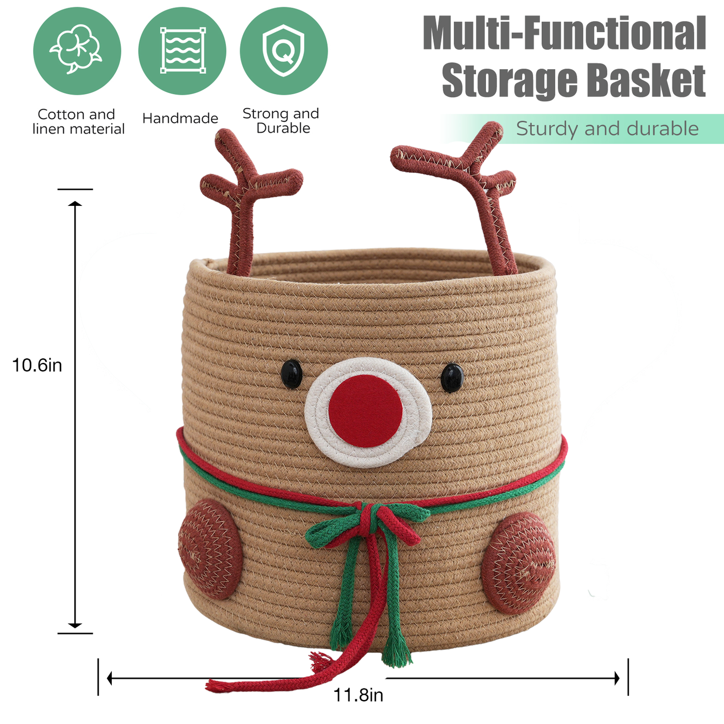Multi-functional storage basket designed like a reindeer with dimensions and material information.