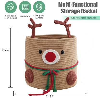 Multi-functional storage basket designed like a reindeer with dimensions and material information.