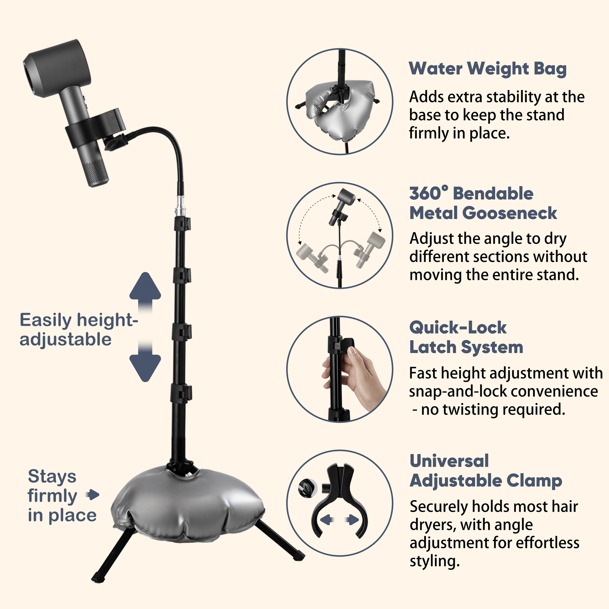 Hair dryer stand with features highlighted on a white background