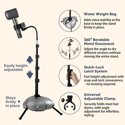 Hair dryer stand with features highlighted on a white background